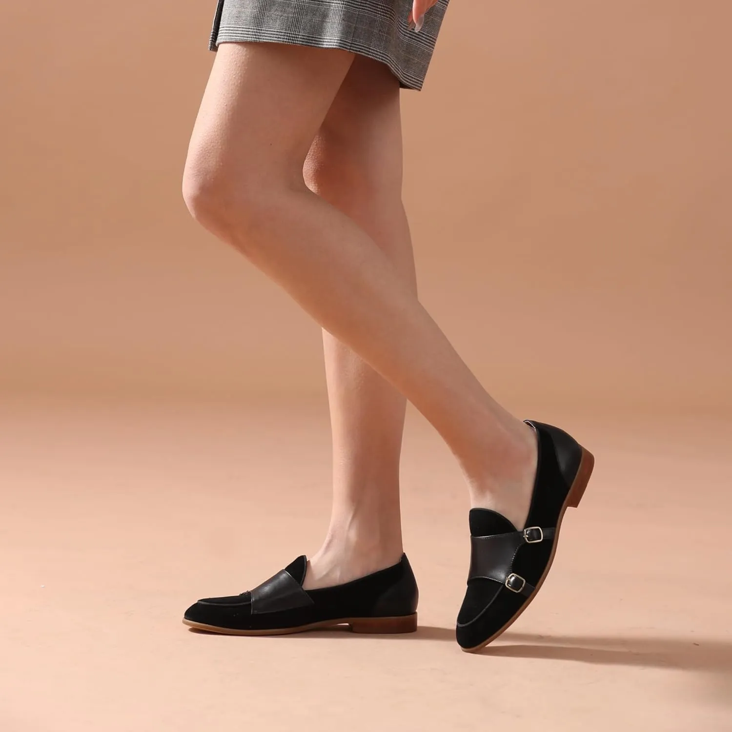 BEAU TODAY Monk Straps Loafers for Women Double Buckles Design Womens Leather Flat Shoes Comfort Business Slip-on Casual Round Toe Loafer Shoes