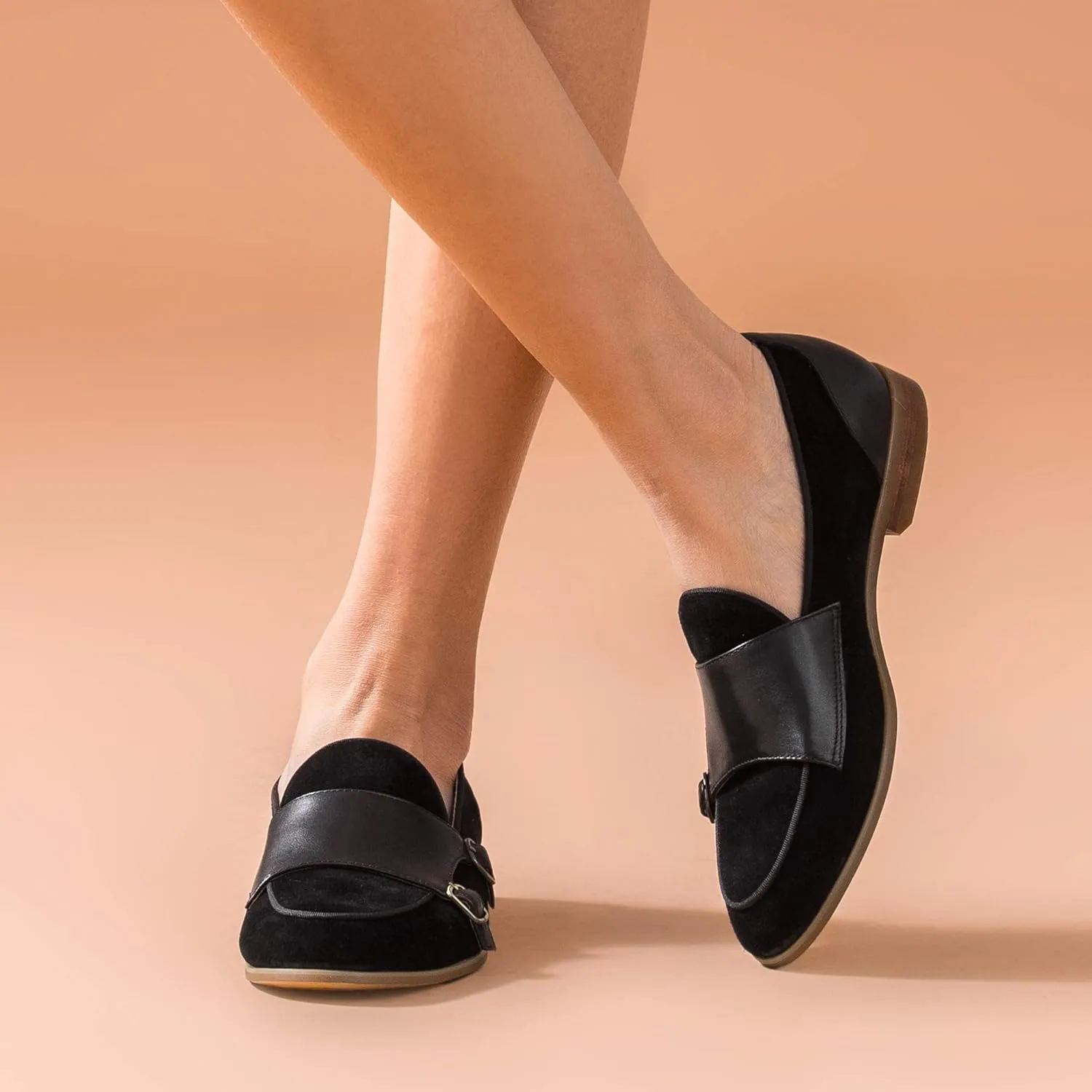BEAU TODAY Monk Straps Loafers for Women Double Buckles Design Womens Leather Flat Shoes Comfort Business Slip-on Casual Round Toe Loafer Shoes