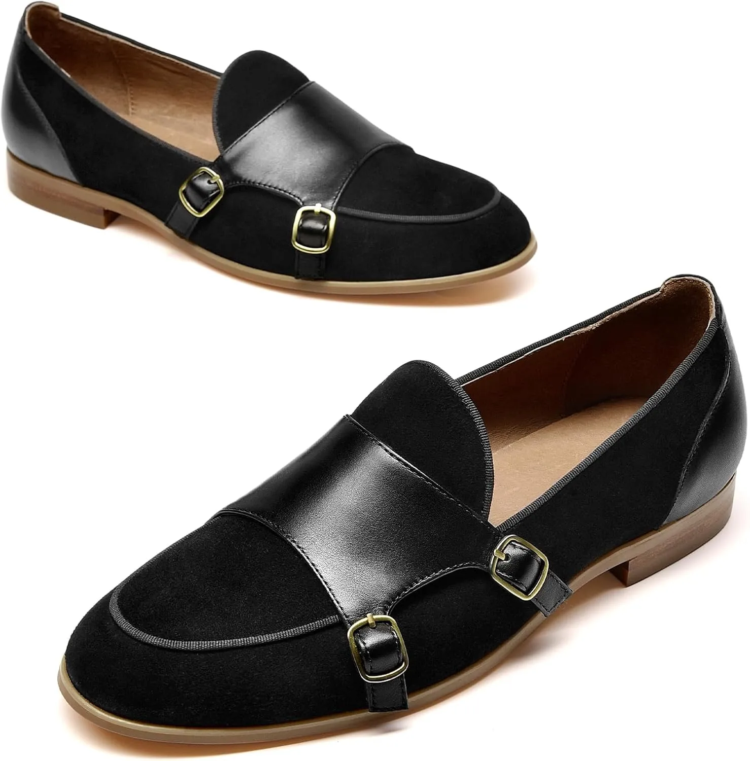 BEAU TODAY Monk Straps Loafers for Women Double Buckles Design Womens Leather Flat Shoes Comfort Business Slip-on Casual Round Toe Loafer Shoes