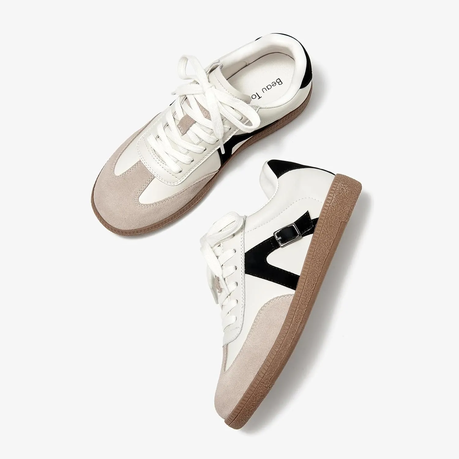 BEAU TODAY Women's Retro Low Top Sneakers, Casual Flat Lace-up Leather Sneakers for Women, Comfortable Non-Slip Trendy Walking Shoes, Fashion Suede Tennis Shoes