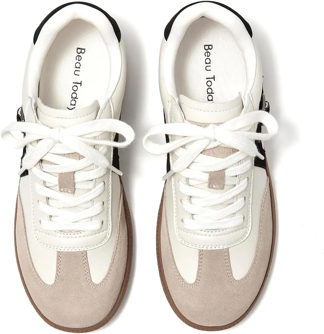 BEAU TODAY Women's Retro Low Top Sneakers, Casual Flat Lace-up Leather Sneakers for Women, Comfortable Non-Slip Trendy Walking Shoes, Fashion Suede Tennis Shoes