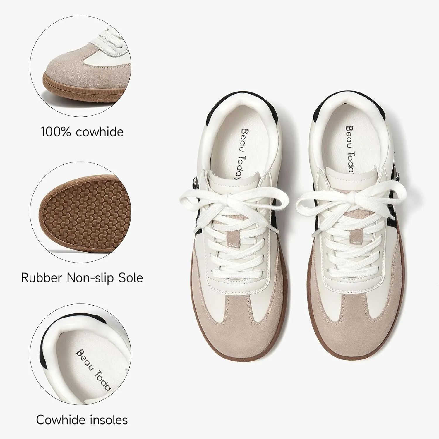BEAU TODAY Women's Retro Low Top Sneakers, Casual Flat Lace-up Leather Sneakers for Women, Comfortable Non-Slip Trendy Walking Shoes, Fashion Suede Tennis Shoes