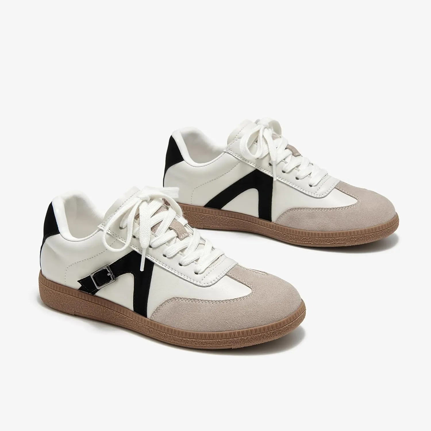 BEAU TODAY Women's Retro Low Top Sneakers, Casual Flat Lace-up Leather Sneakers for Women, Comfortable Non-Slip Trendy Walking Shoes, Fashion Suede Tennis Shoes