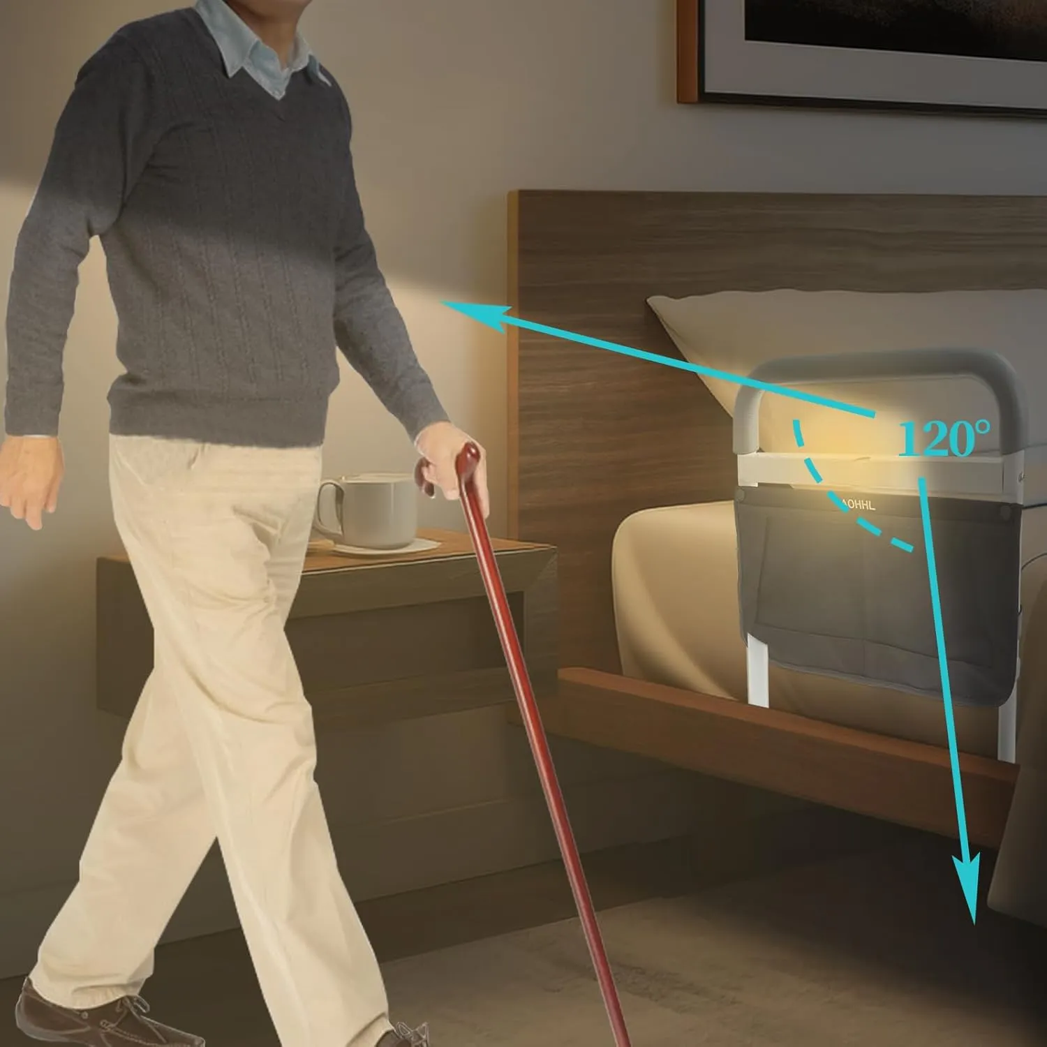 Bed Rails for Elderly Adults Safety with Motion Light Adjustable Heights Storage Pocket Assist Support Side Railing for Seniors Slides Bed Guard Bed Handle Bars (Grey Handle with Warm Light)