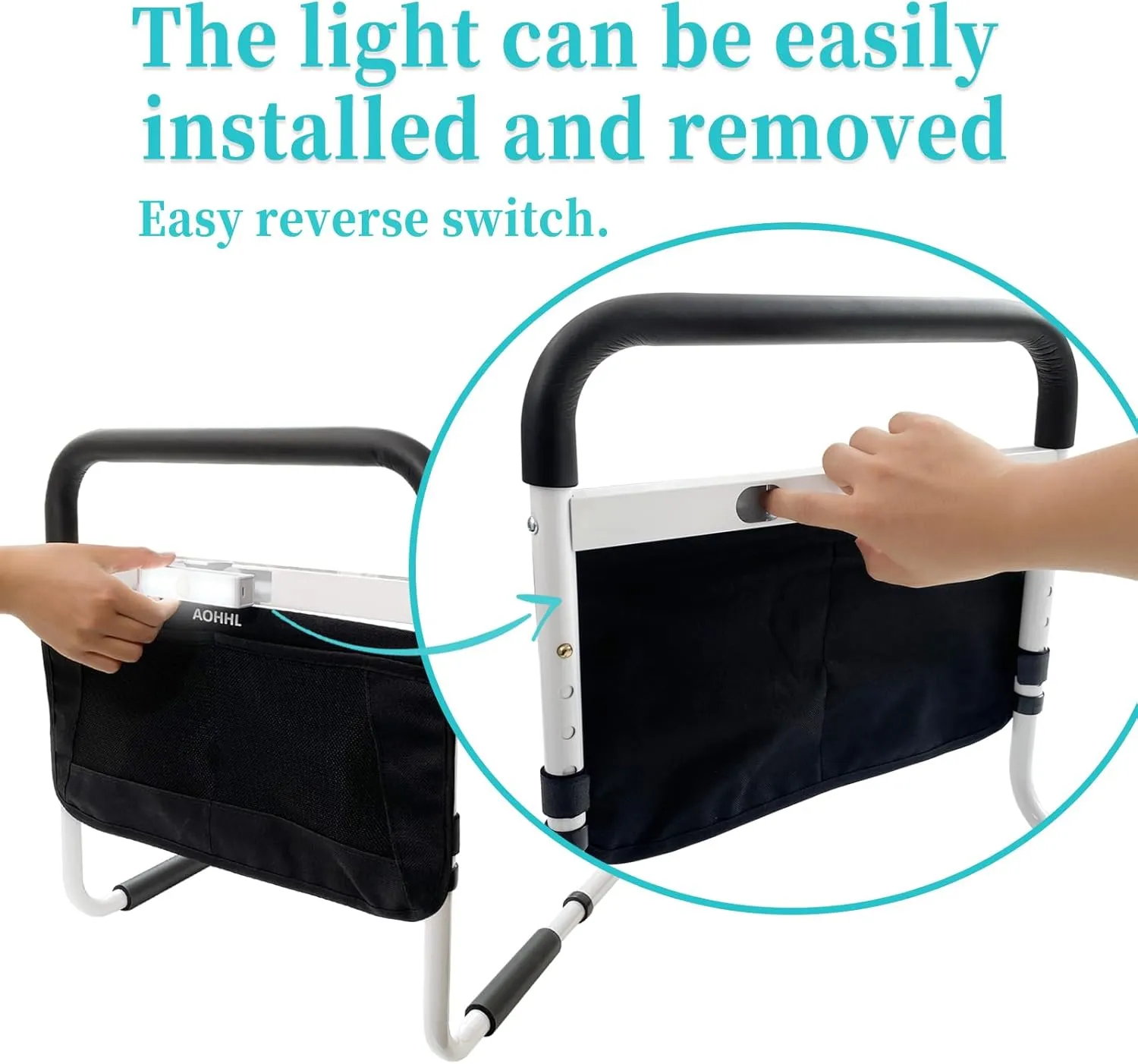 Bed Rails for Elderly Adults Safety with Motion Light Adjustable Heights Storage Pocket Assist Support Side Railing for Seniors Slides Bed Guard Bed Handle Bars (Grey Handle with Warm Light)