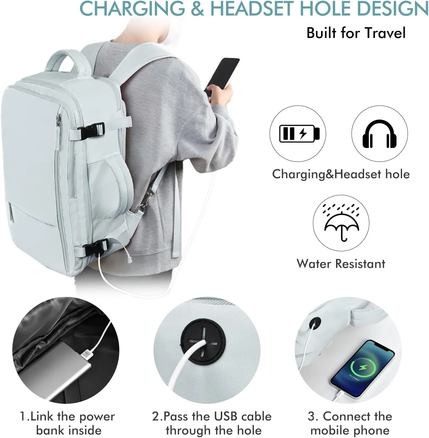 Beraliy Travel Backpack for Women Men, Carry On Backpack, 16 inch Laptop Backpack, Waterproof Casual College Daypack for Weekender Overnight Hiking, Light Blue