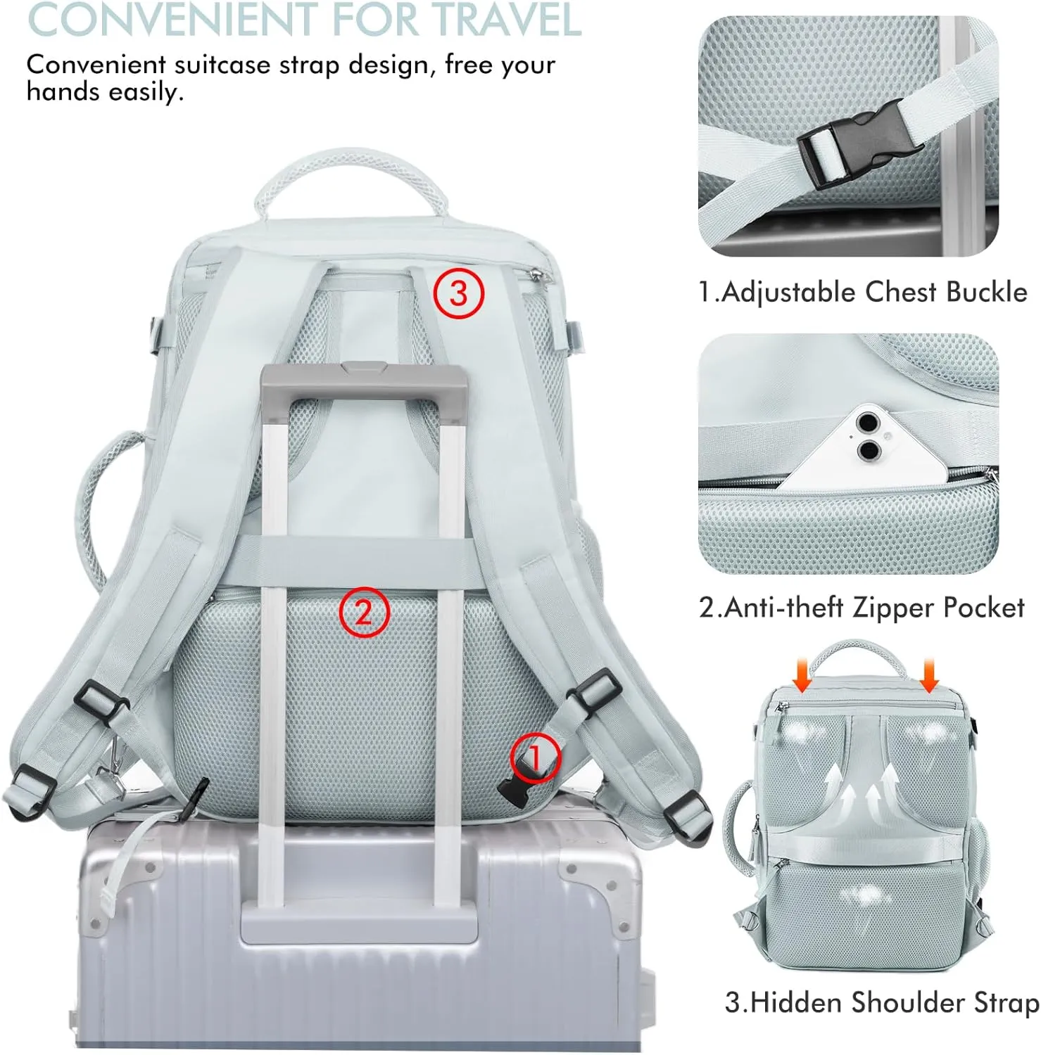 Beraliy Travel Backpack for Women Men, Carry On Backpack, 16 inch Laptop Backpack, Waterproof Casual College Daypack for Weekender Overnight Hiking, Light Blue