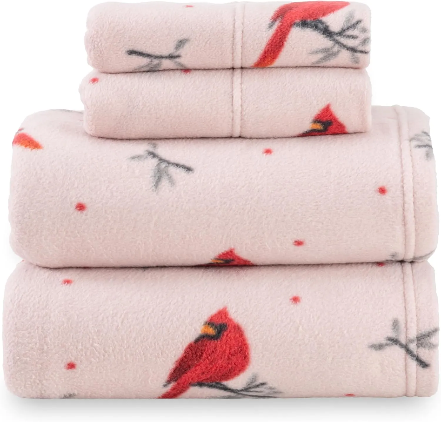 Berkshire Blanket Ultra-Soft Printed Microfleece Knit Sheet Set – 4-Piece King Set – Lightweight, Breathable, All-Season Comfort, Cardinal Branch Dot Blush