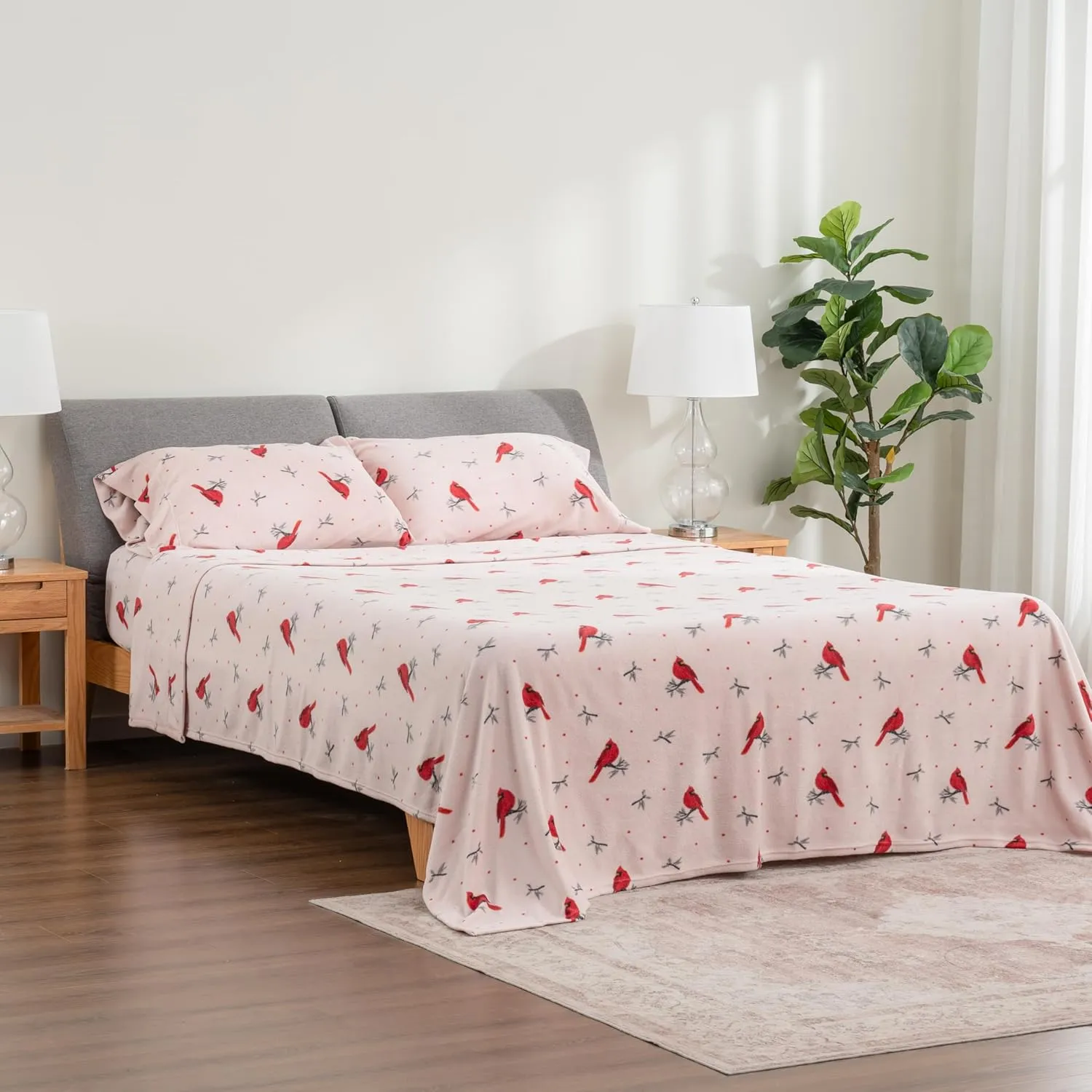 Berkshire Blanket Ultra-Soft Printed Microfleece Knit Sheet Set – 4-Piece King Set – Lightweight, Breathable, All-Season Comfort, Cardinal Branch Dot Blush