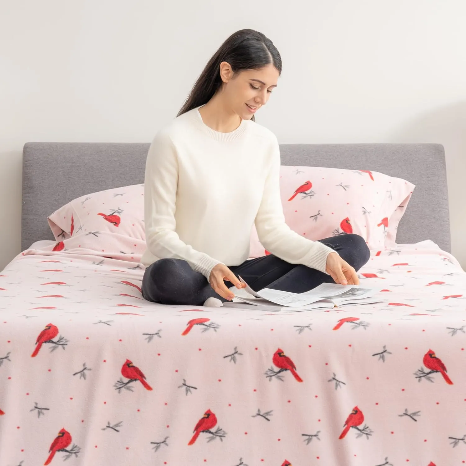 Berkshire Blanket Ultra-Soft Printed Microfleece Knit Sheet Set – 4-Piece King Set – Lightweight, Breathable, All-Season Comfort, Cardinal Branch Dot Blush