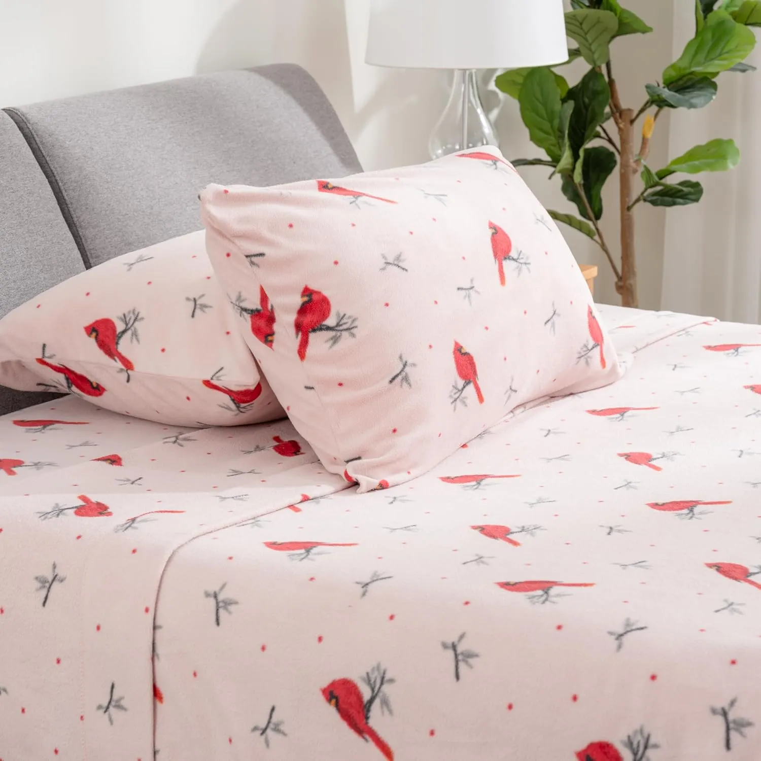 Berkshire Blanket Ultra-Soft Printed Microfleece Knit Sheet Set – 4-Piece King Set – Lightweight, Breathable, All-Season Comfort, Cardinal Branch Dot Blush