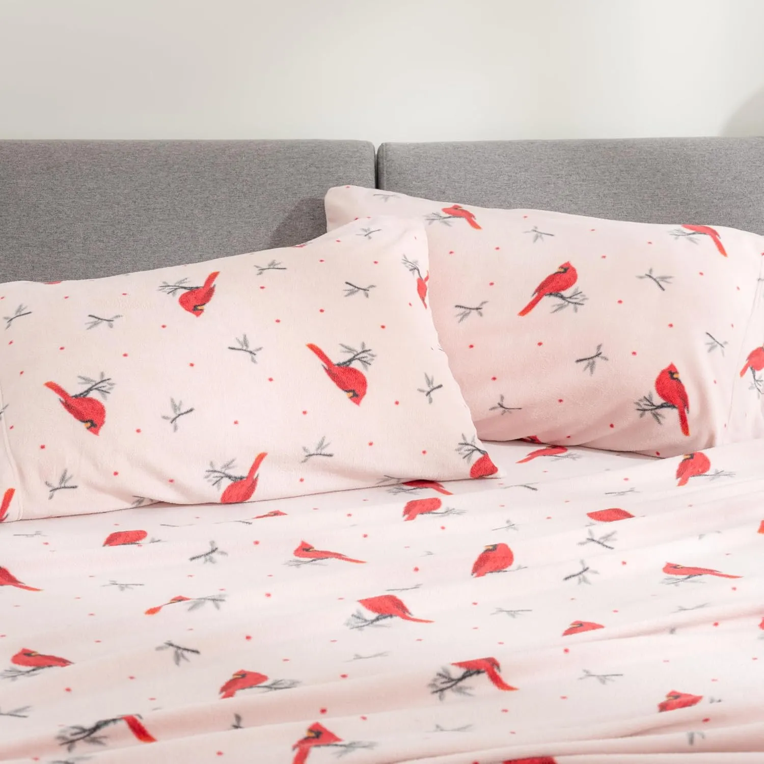 Berkshire Blanket Ultra-Soft Printed Microfleece Knit Sheet Set – 4-Piece King Set – Lightweight, Breathable, All-Season Comfort, Cardinal Branch Dot Blush