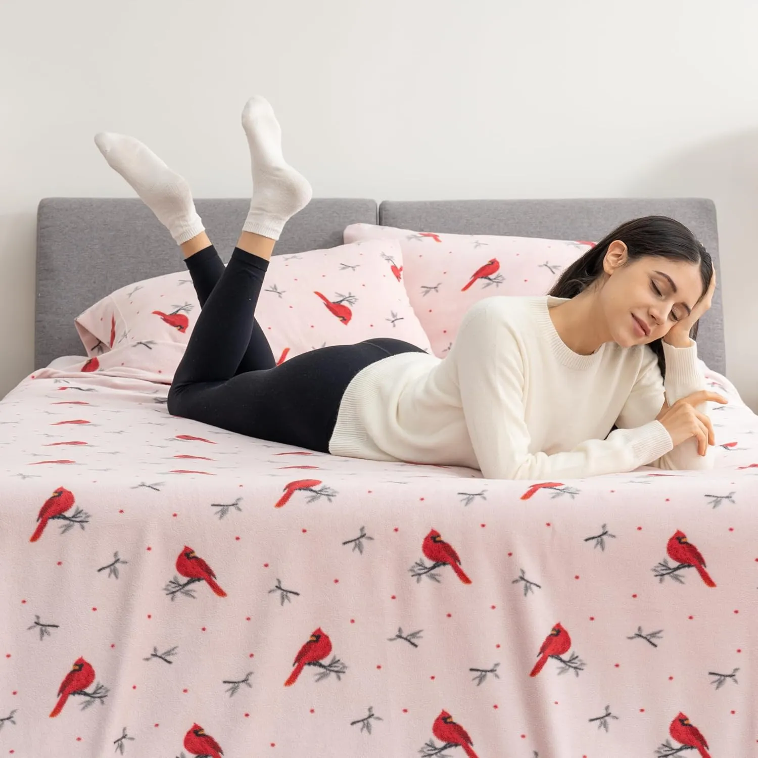 Berkshire Blanket Ultra-Soft Printed Microfleece Knit Sheet Set – 4-Piece King Set – Lightweight, Breathable, All-Season Comfort, Cardinal Branch Dot Blush