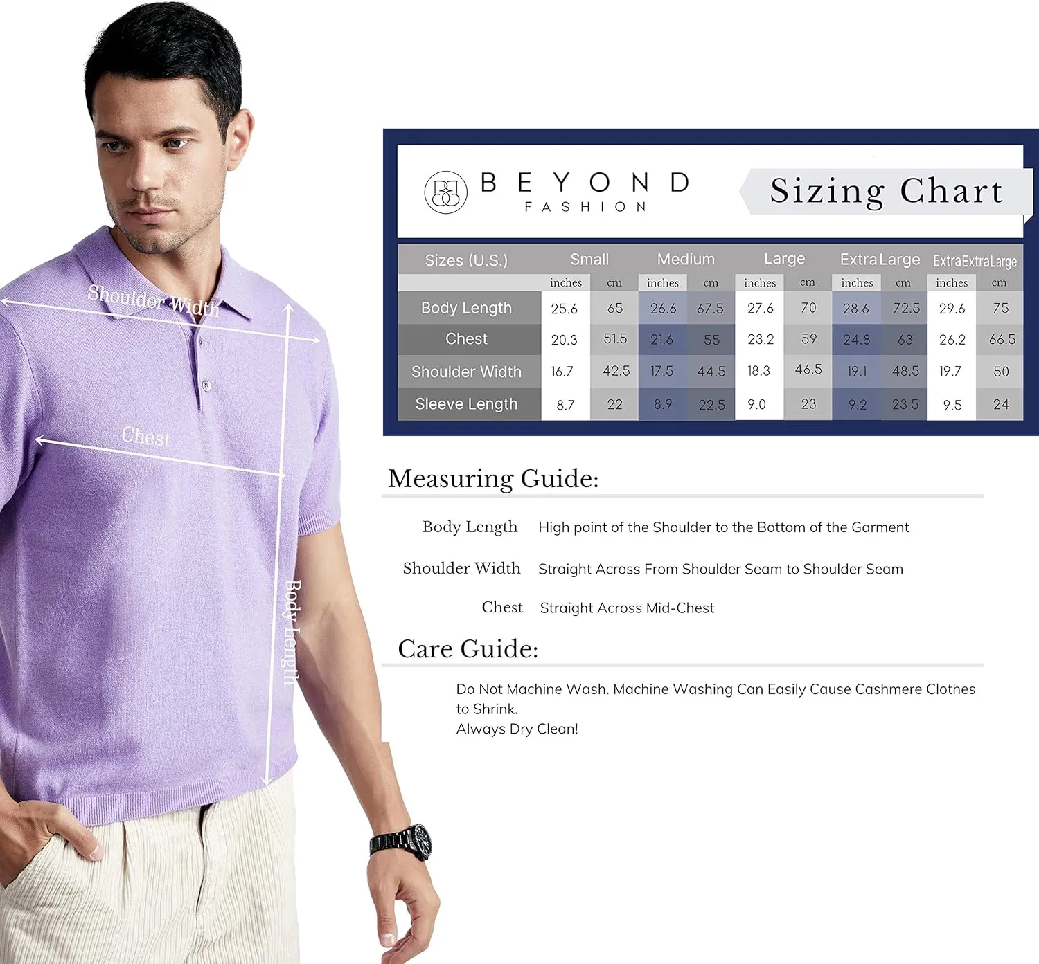 BEYOND FASHION Men's Polo Shirt Short Sleeve Soft Light Weight - 100% Pure Cashmere