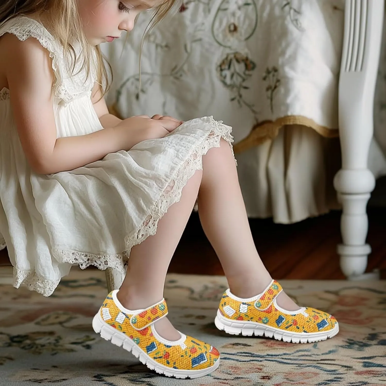 Binienty Girls School Uniform Shoes Classical Flats Mary Jane Sneakers Breathable Mesh Flat Shoes