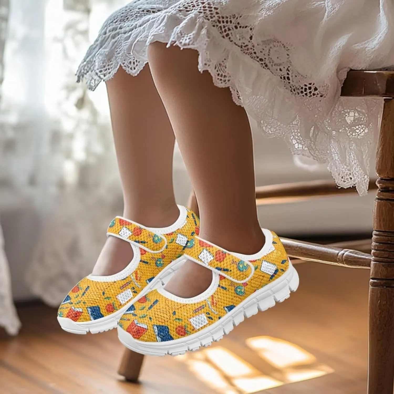 Binienty Girls School Uniform Shoes Classical Flats Mary Jane Sneakers Breathable Mesh Flat Shoes