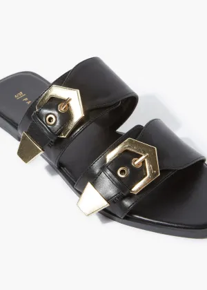 Black Double Buckle Mule Sandals