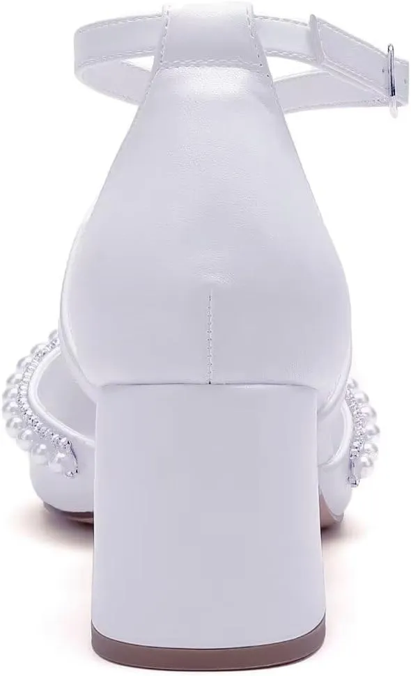 Block Heel Wedding Shoes for Bride Closed Toe Pearl Bridal Shoes Cross Strap Wedding Heels