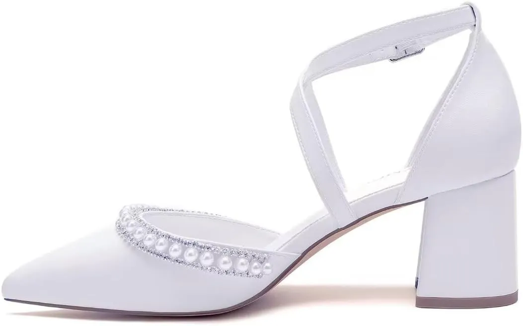 Block Heel Wedding Shoes for Bride Closed Toe Pearl Bridal Shoes Cross Strap Wedding Heels