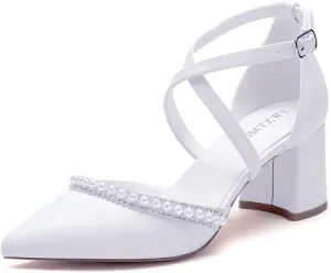 Block Heel Wedding Shoes for Bride Closed Toe Pearl Bridal Shoes Cross Strap Wedding Heels