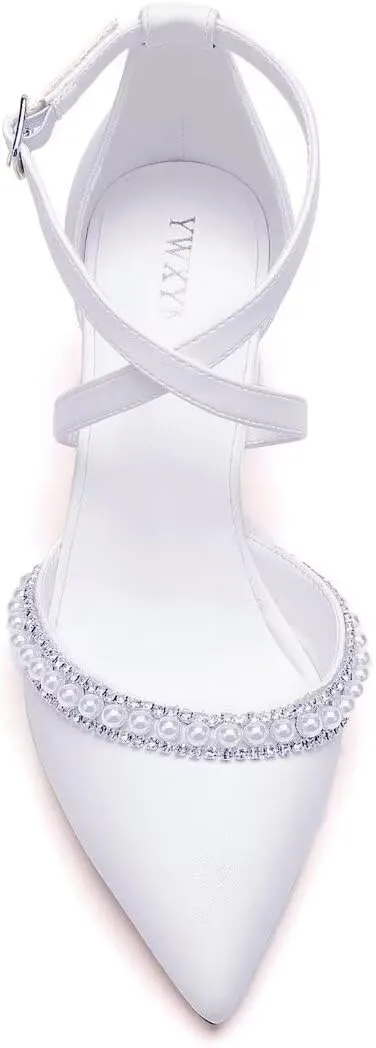 Block Heel Wedding Shoes for Bride Closed Toe Pearl Bridal Shoes Cross Strap Wedding Heels