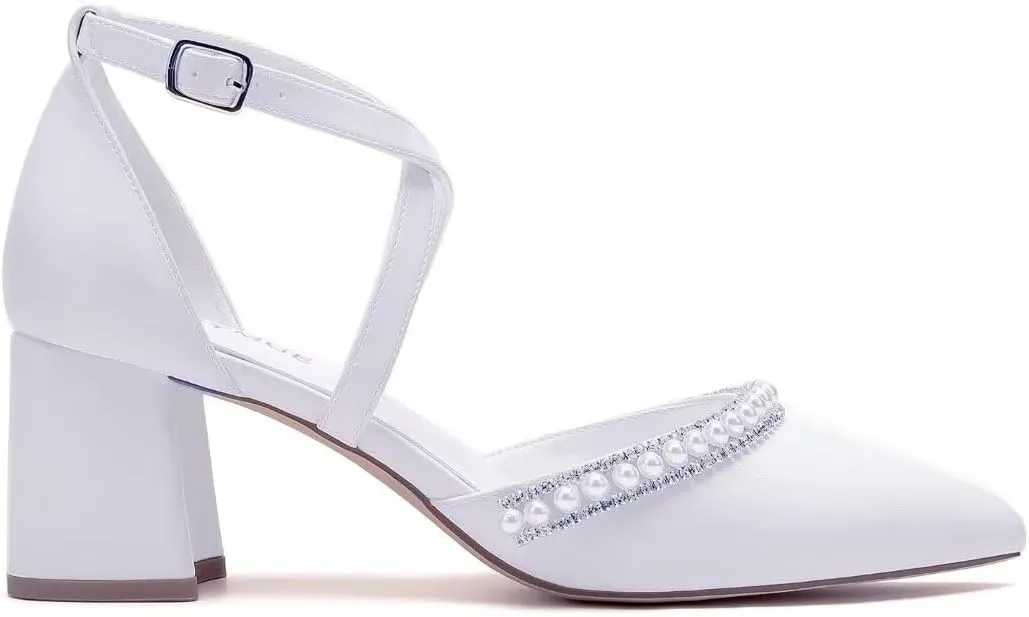Block Heel Wedding Shoes for Bride Closed Toe Pearl Bridal Shoes Cross Strap Wedding Heels