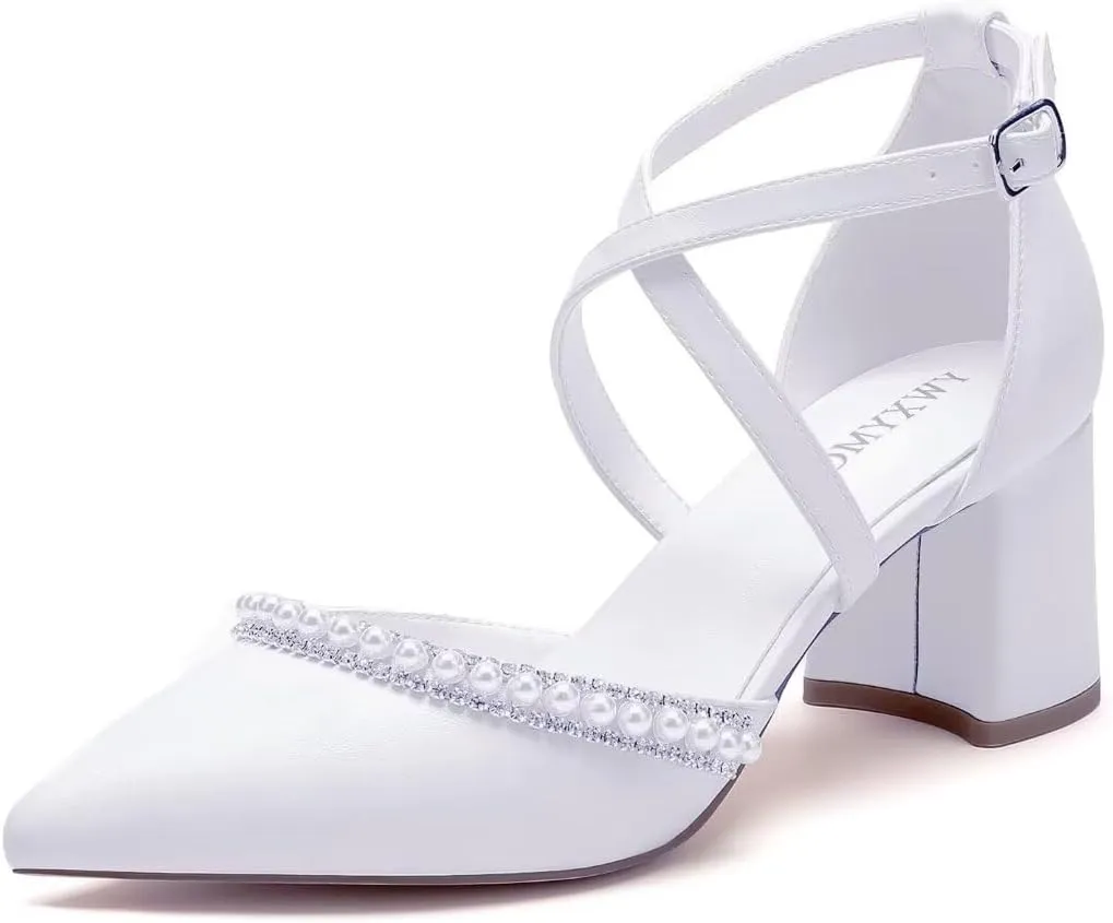 Block Heel Wedding Shoes for Bride Closed Toe Pearl Bridal Shoes Cross Strap Wedding Heels