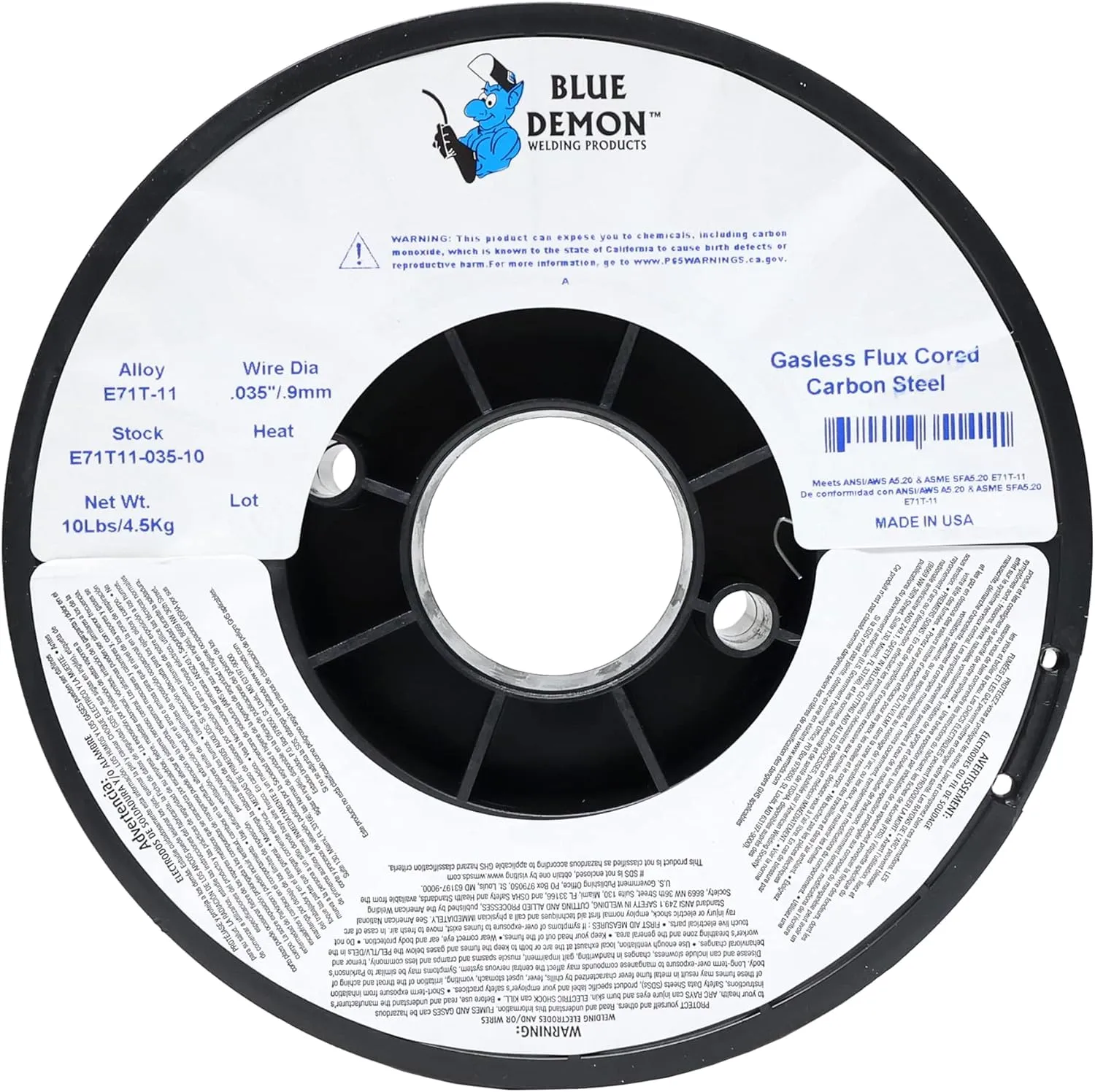 Blue Demon E71T-11 X .035 X 10LB MIG/FCAW Flux Core Carbon Steel Welding Wire, Low Spatter, Easily Remove Slag, Formulated to Provide Porosity-Free, X-Ray Quality Welds