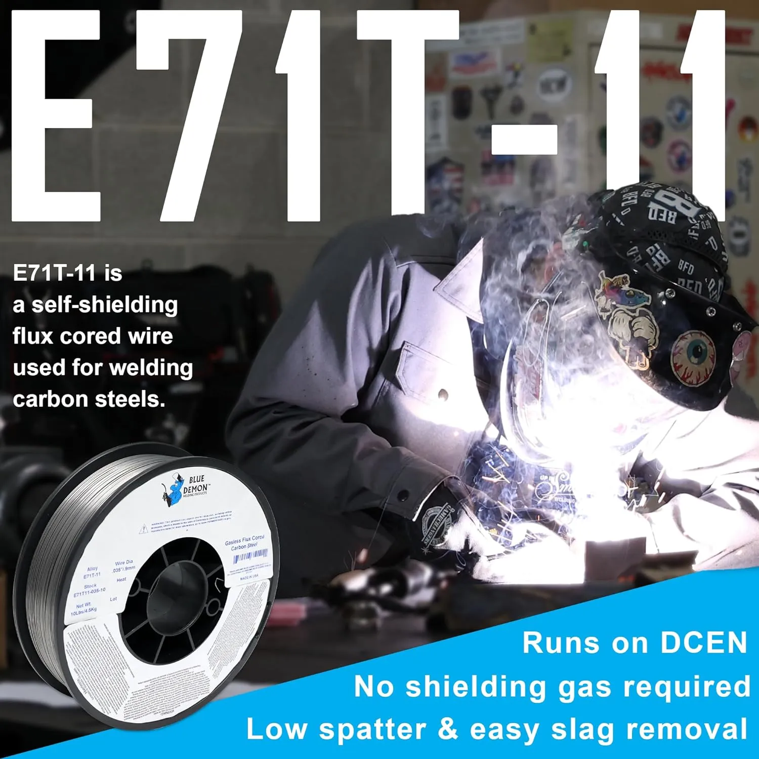 Blue Demon E71T-11 X .035 X 10LB MIG/FCAW Flux Core Carbon Steel Welding Wire, Low Spatter, Easily Remove Slag, Formulated to Provide Porosity-Free, X-Ray Quality Welds