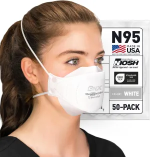BNX N95 Mask NIOSH Certified MADE IN USA Face Mask, Tri-Fold Cup/Fish Style, 10,20,50-Pack - Black, White (Model F95B,F95W)