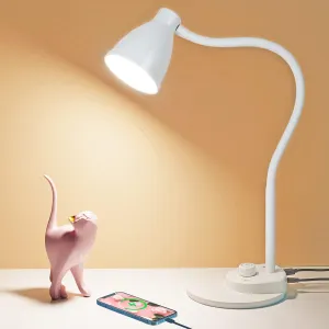 BOHON LED Desk Lamp with USB Charging Port, 3 Color Modes Dimmable Reading Lamp, Auto Dimming Task Lamp, Flexible Gooseneck Table Light for Dorm Bedside, Adapter Include, White