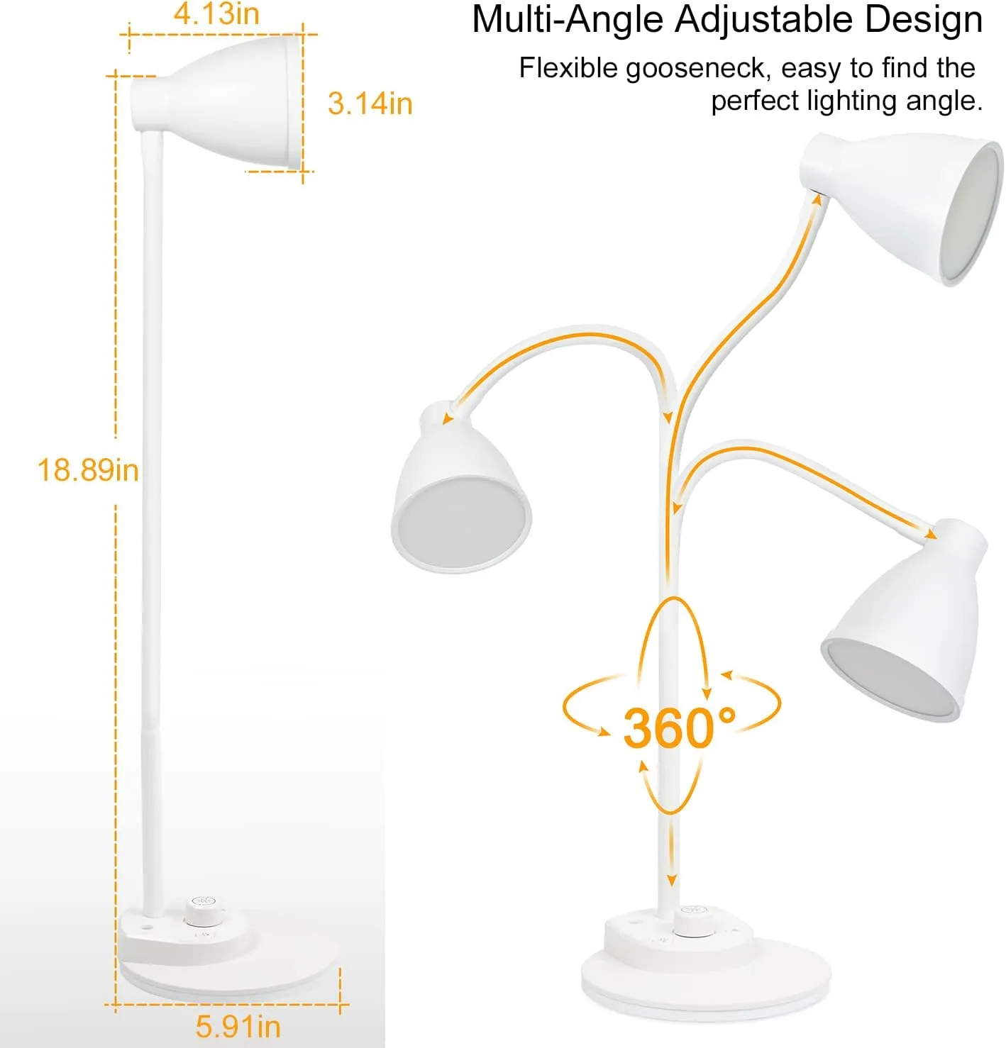 BOHON LED Desk Lamp with USB Charging Port, 3 Color Modes Dimmable Reading Lamp, Auto Dimming Task Lamp, Flexible Gooseneck Table Light for Dorm Bedside, Adapter Include, White