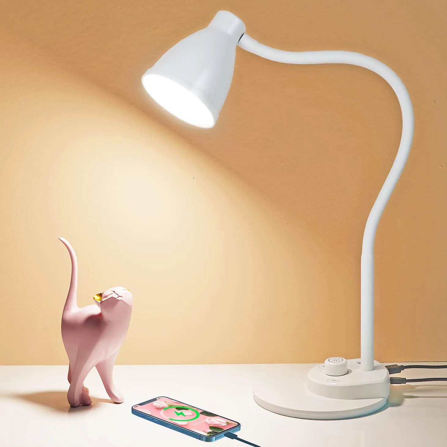 BOHON LED Desk Lamp with USB Charging Port, 3 Color Modes Dimmable Reading Lamp, Auto Dimming Task Lamp, Flexible Gooseneck Table Light for Dorm Bedside, Adapter Include, White