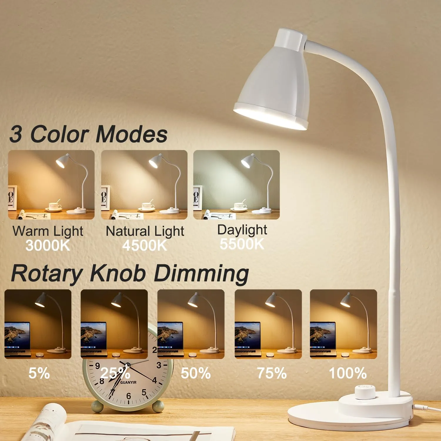 BOHON LED Desk Lamp with USB Charging Port, 3 Color Modes Dimmable Reading Lamp, Auto Dimming Task Lamp, Flexible Gooseneck Table Light for Dorm Bedside, Adapter Include, White