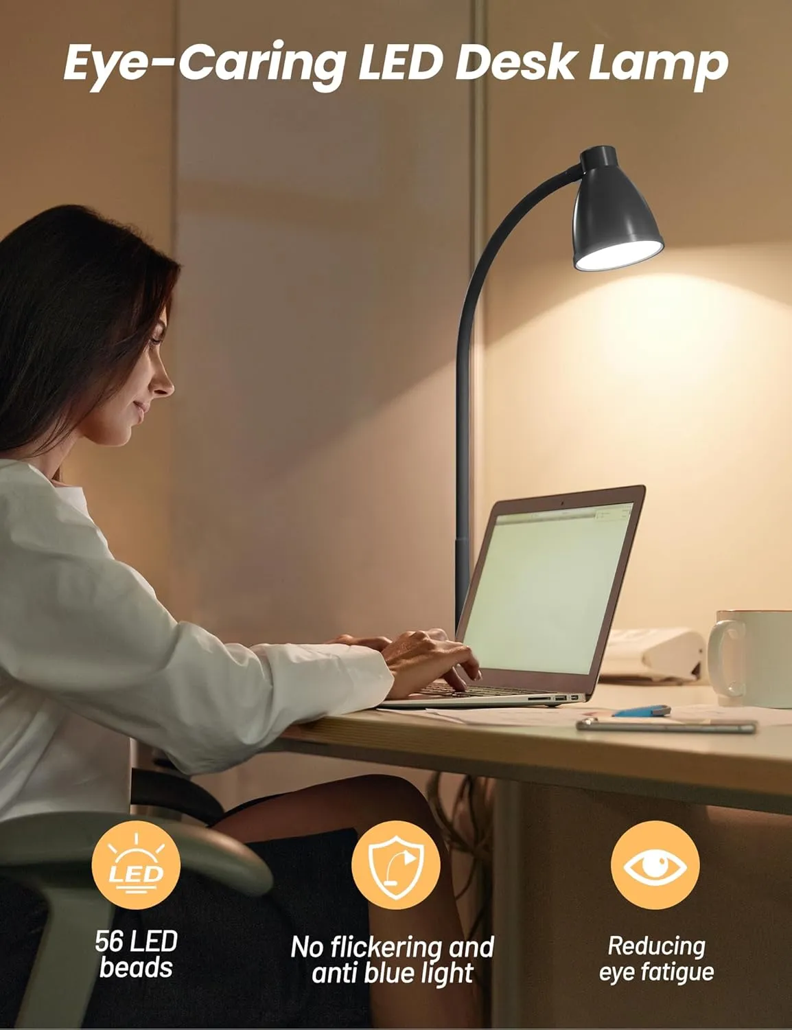 BOHON LED Desk Lamp with USB Charging Port 3 Color Modes Dimmable Reading Light Intelligent Induction Auto Dimming Task Lamp Flexible Gooseneck Table Lamp for Bedside Office, AC Adapter Include