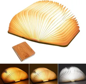 Book Night Light 3D Folding Lamp Rechargeable LED Book Light 3 Lighting Wooden Table Lamp for Desk Home Library Decor, 5.5" D x 4.7" W x 0.9" H