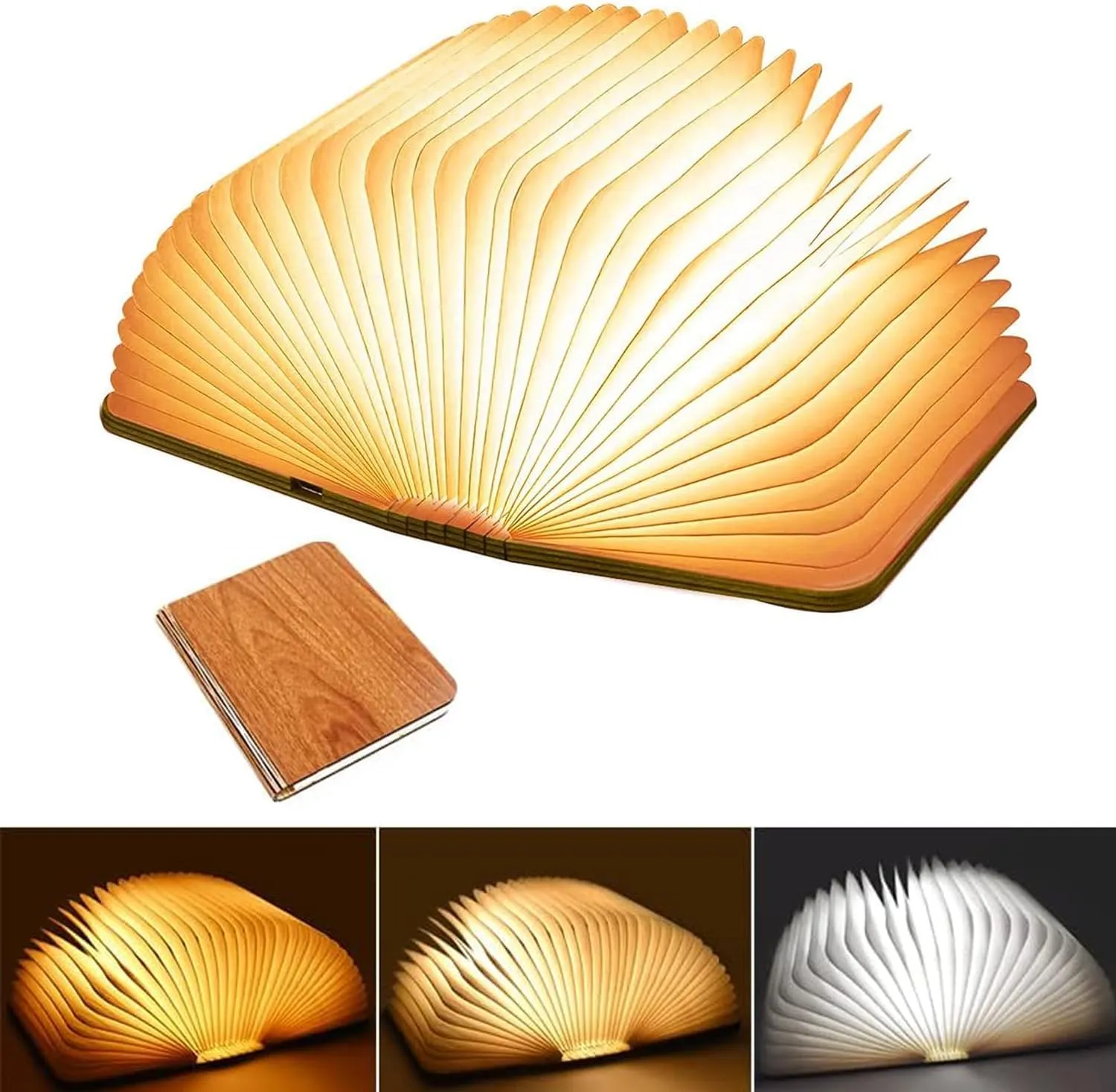 Book Night Light 3D Folding Lamp Rechargeable LED Book Light 3 Lighting Wooden Table Lamp for Desk Home Library Decor, 5.5" D x 4.7" W x 0.9" H