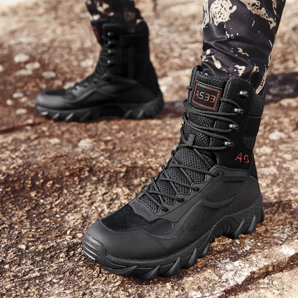 BORAMAX Men's Military Tactical Work Boots Side Zipper Leather Motorcycle Combat Boots for Hiking Motorcycle Climbing