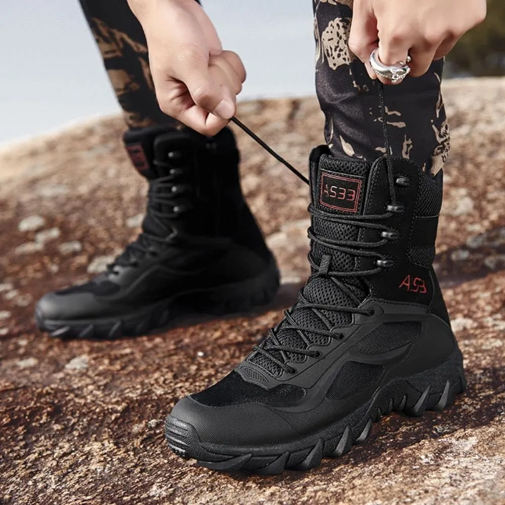 BORAMAX Men's Military Tactical Work Boots Side Zipper Leather Motorcycle Combat Boots for Hiking Motorcycle Climbing