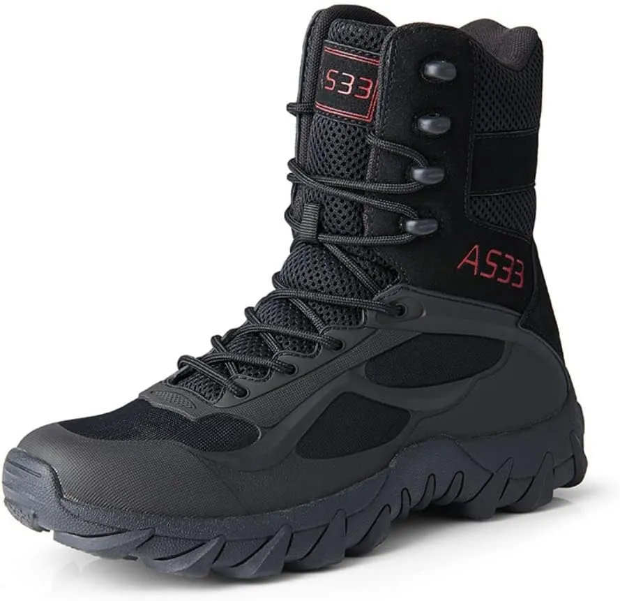 BORAMAX Men's Military Tactical Work Boots Side Zipper Leather Motorcycle Combat Boots for Hiking Motorcycle Climbing