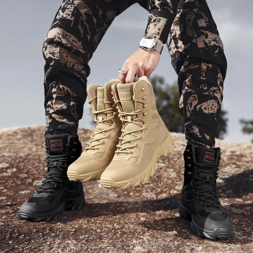 BORAMAX Men's Military Tactical Work Boots Side Zipper Leather Motorcycle Combat Boots for Hiking Motorcycle Climbing