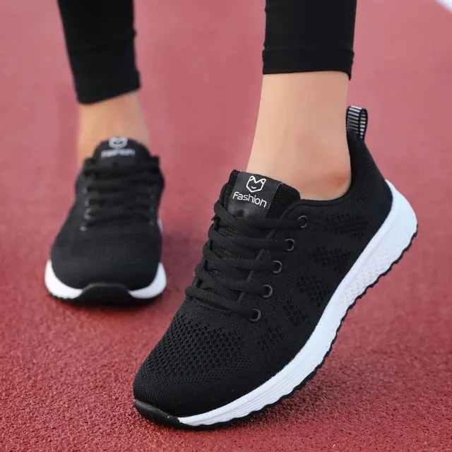 Breathable Mesh Lace Up Flat Sneakers for Women in Pink and Black