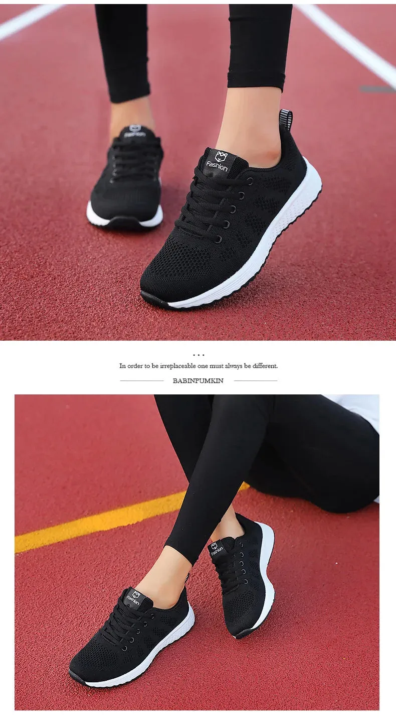 Breathable Mesh Lace Up Flat Sneakers for Women in Pink and Black