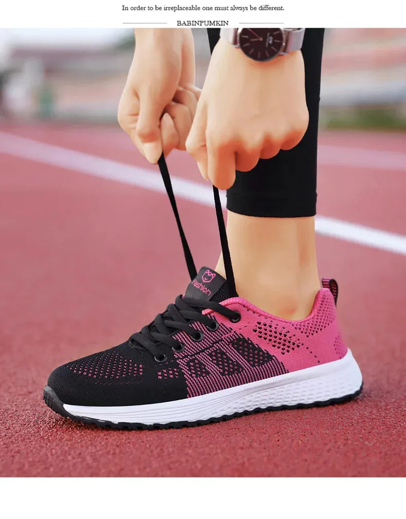 Breathable Mesh Lace Up Flat Sneakers for Women in Pink and Black