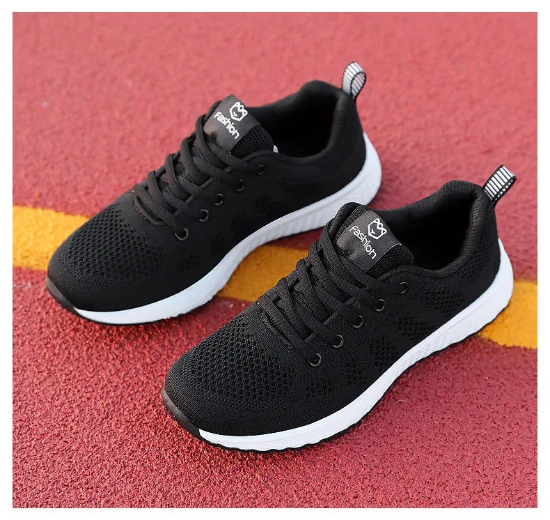 Breathable Mesh Lace Up Flat Sneakers for Women in Pink and Black