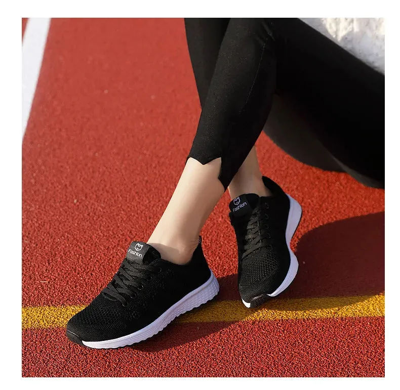 Breathable Mesh Lace Up Flat Sneakers for Women in Pink and Black