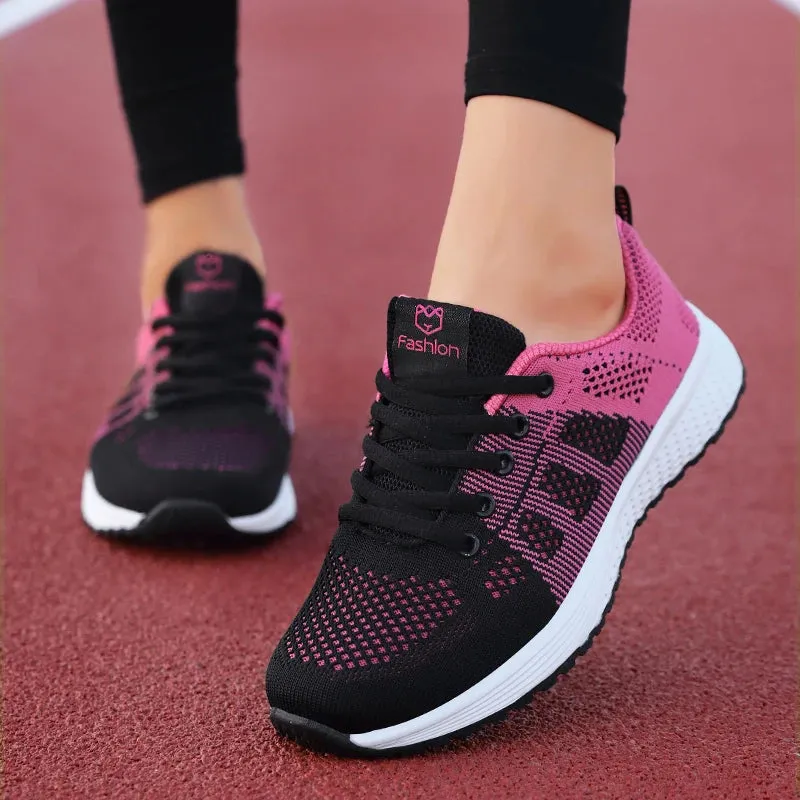 Breathable Mesh Lace Up Flat Sneakers for Women in Pink and Black