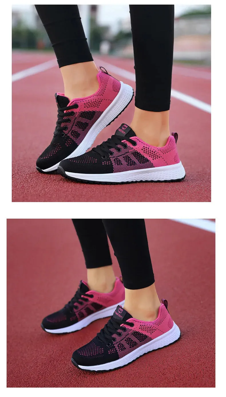 Breathable Mesh Lace Up Flat Sneakers for Women in Pink and Black