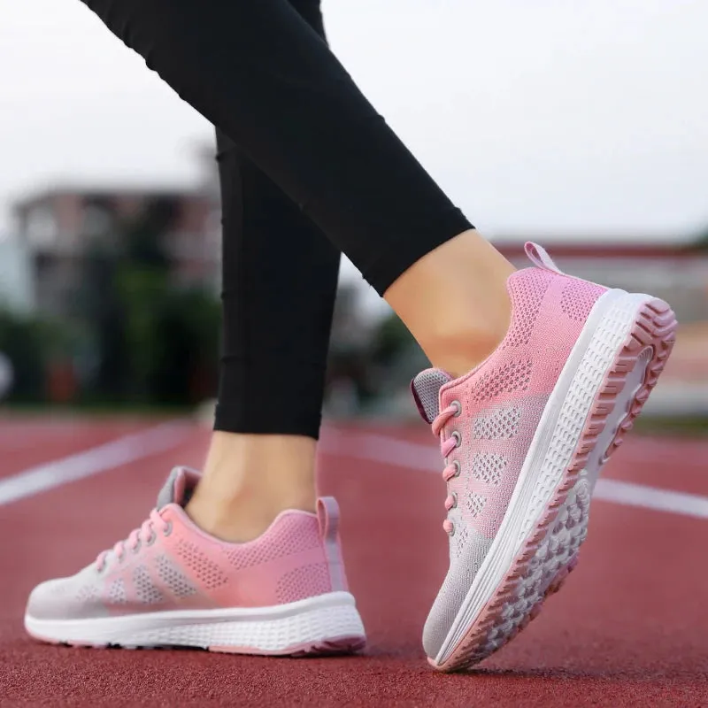 Breathable Mesh Lace Up Flat Sneakers for Women in Pink and Black