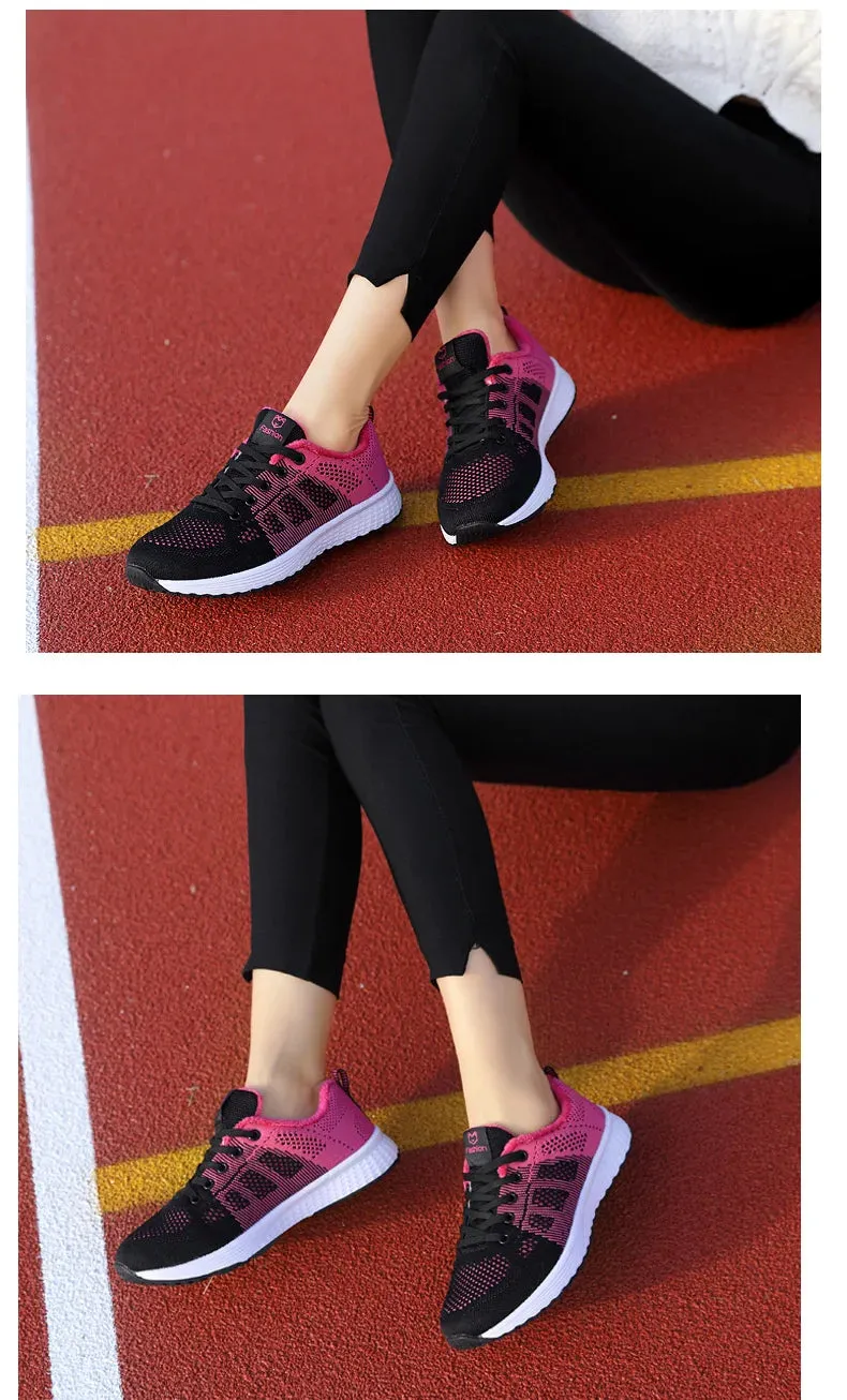 Breathable Mesh Lace Up Flat Sneakers for Women in Pink and Black